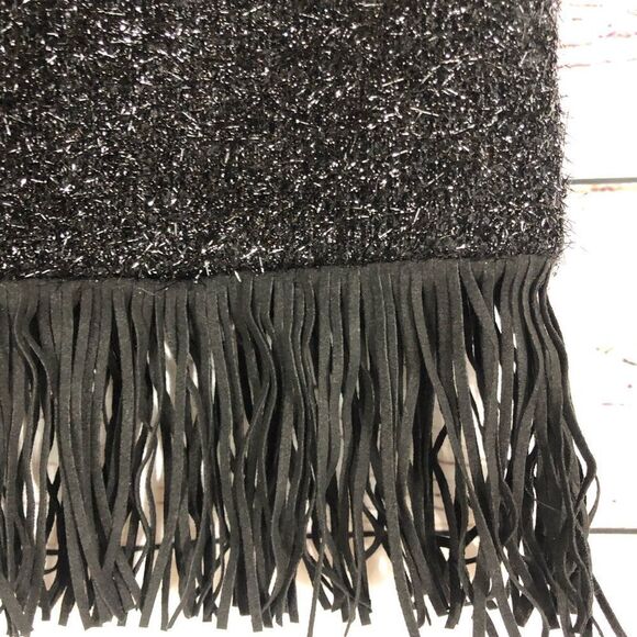 Halston Heritage Metallic Knit Skirt with Faux Leather Fringe Trim Black Sparkle - Picture 2 of 8